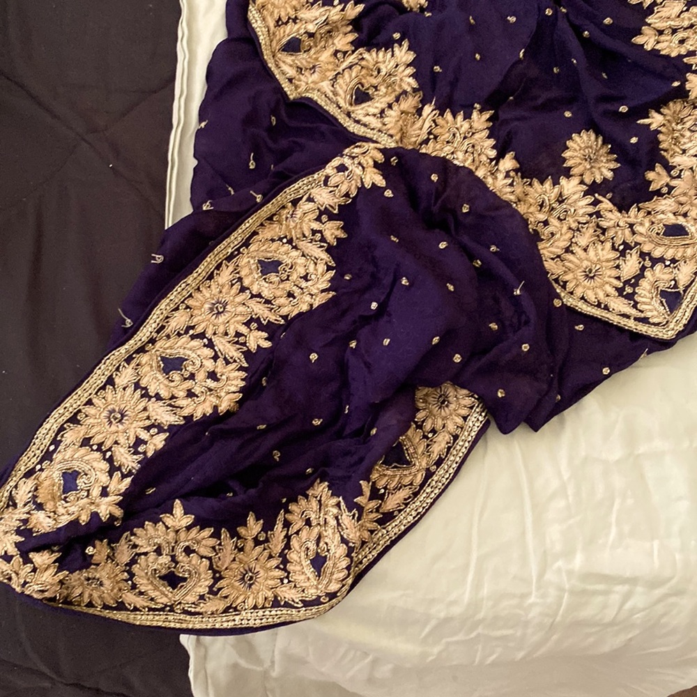 Midnight blue hand embroidered silk sari